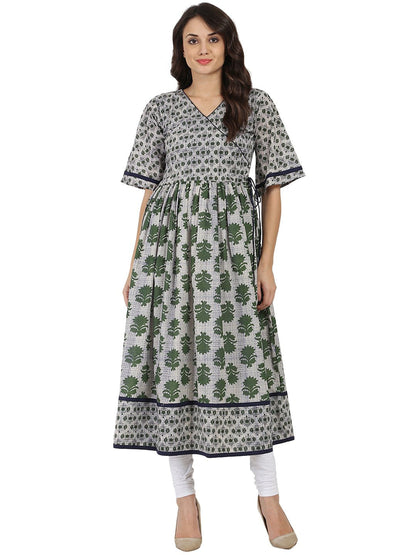 Grey Printed Half Sleeve Cotton Anarkali Kurta | LASVINI - Redefining Indian Fashion with Elegance