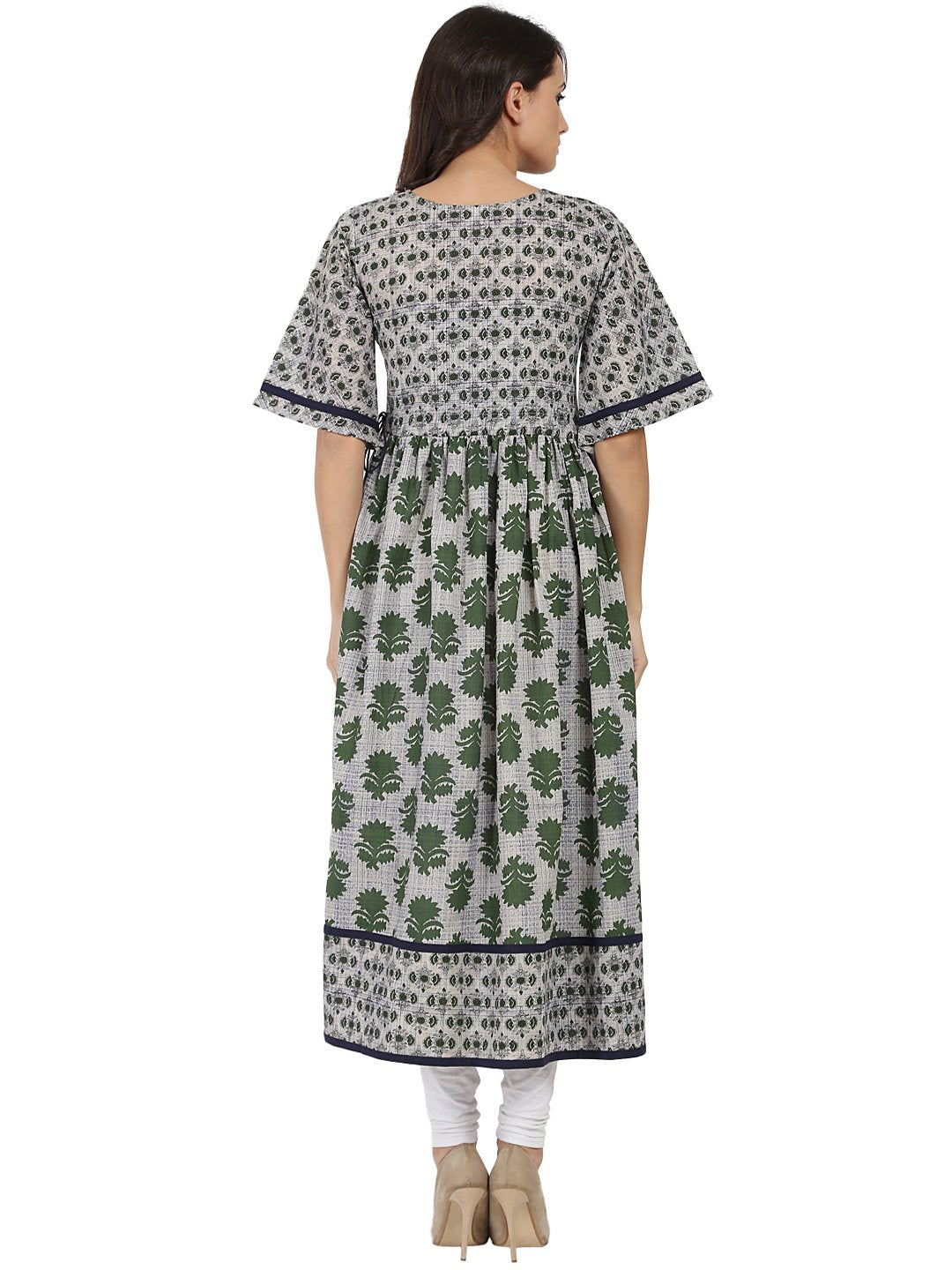 Grey Printed Half Sleeve Cotton Anarkali Kurta | LASVINI - Redefining Indian Fashion with Elegance