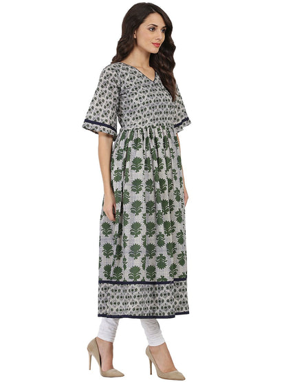 Grey Printed Half Sleeve Cotton Anarkali Kurta | LASVINI - Redefining Indian Fashion with Elegance