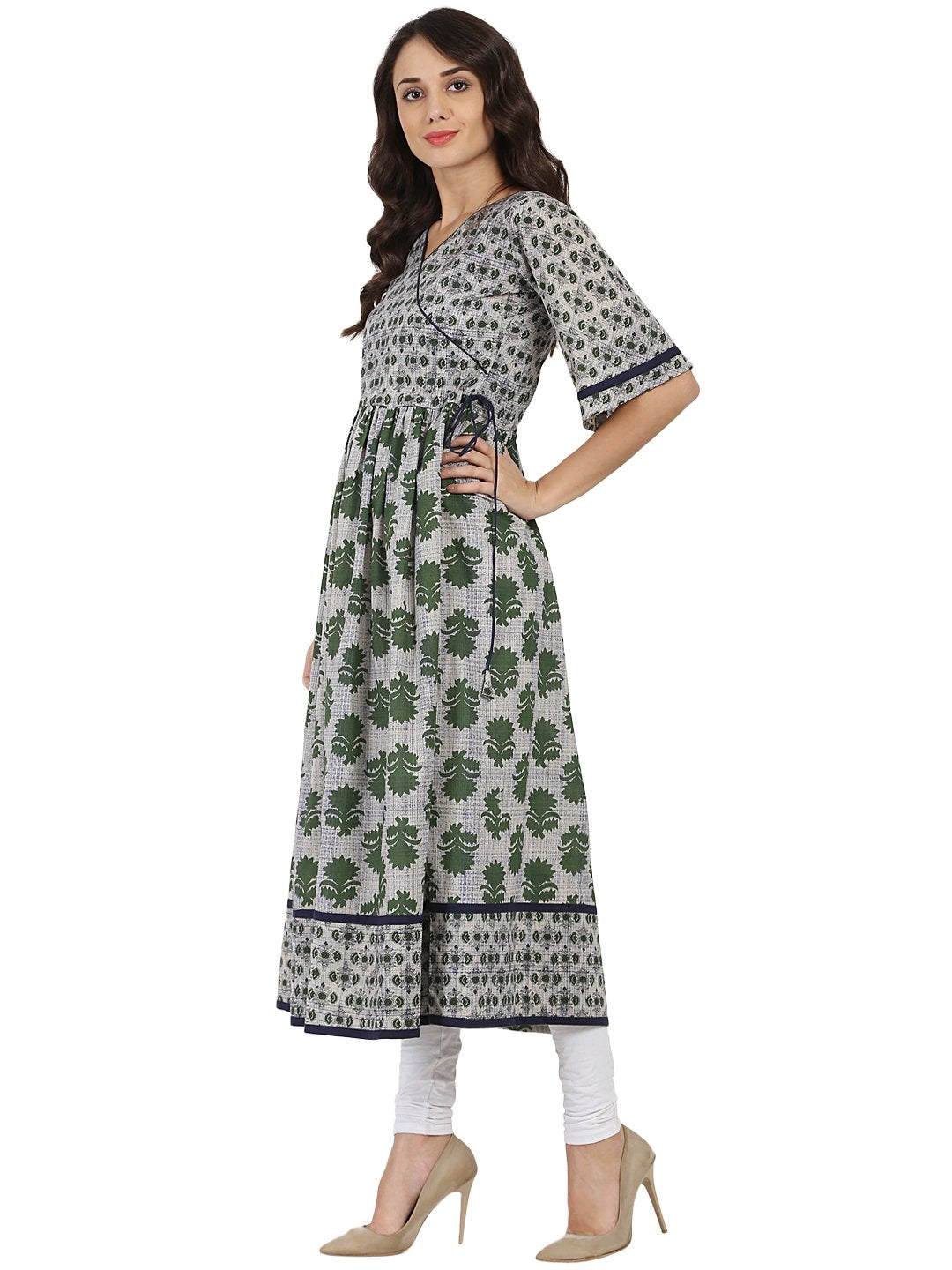 Grey Printed Half Sleeve Cotton Anarkali Kurta | LASVINI - Redefining Indian Fashion with Elegance