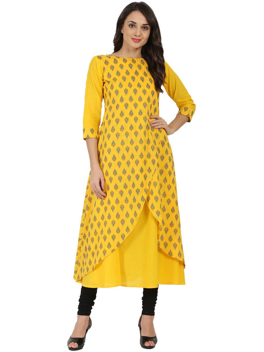Yellow Printed 3/4Th Sleeve Cotton Double Layer A-Line Kurta | LASVINI - Redefining Indian Fashion with Elegance