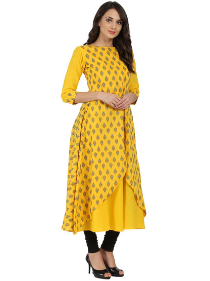 Yellow Printed 3/4Th Sleeve Cotton Double Layer A-Line Kurta | LASVINI - Redefining Indian Fashion with Elegance