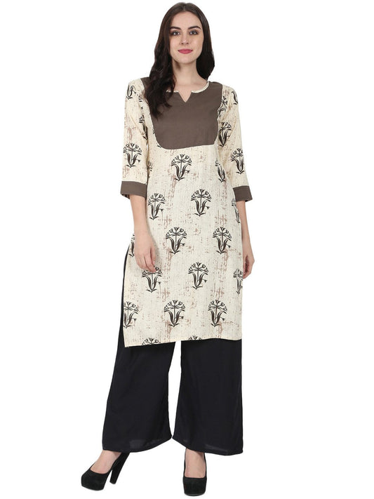 Beige Printed 3/4Th Sleeve Cotton Kurta | LASVINI - Redefining Indian Fashion with Elegance