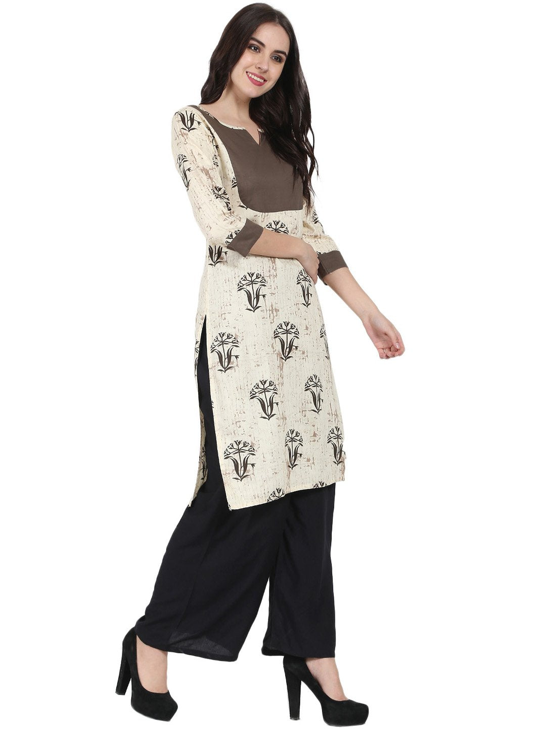Beige Printed 3/4Th Sleeve Cotton Kurta | LASVINI - Redefining Indian Fashion with Elegance