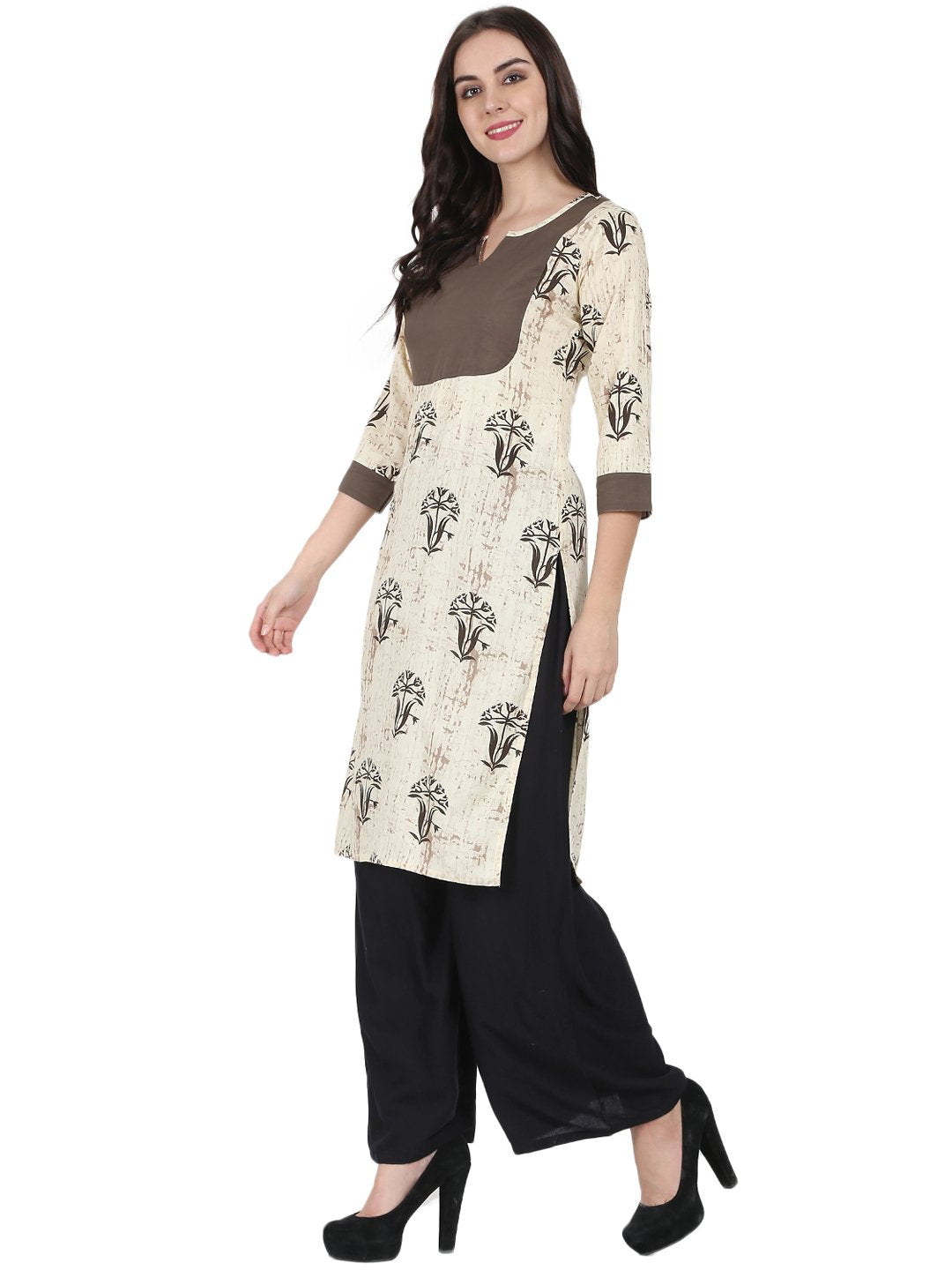 Beige Printed 3/4Th Sleeve Cotton Kurta | LASVINI - Redefining Indian Fashion with Elegance
