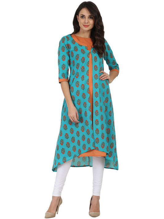Blue Printed 3/4Th Sleeve Cotton Double Layer A-Line Kurta | LASVINI - Redefining Indian Fashion with Elegance