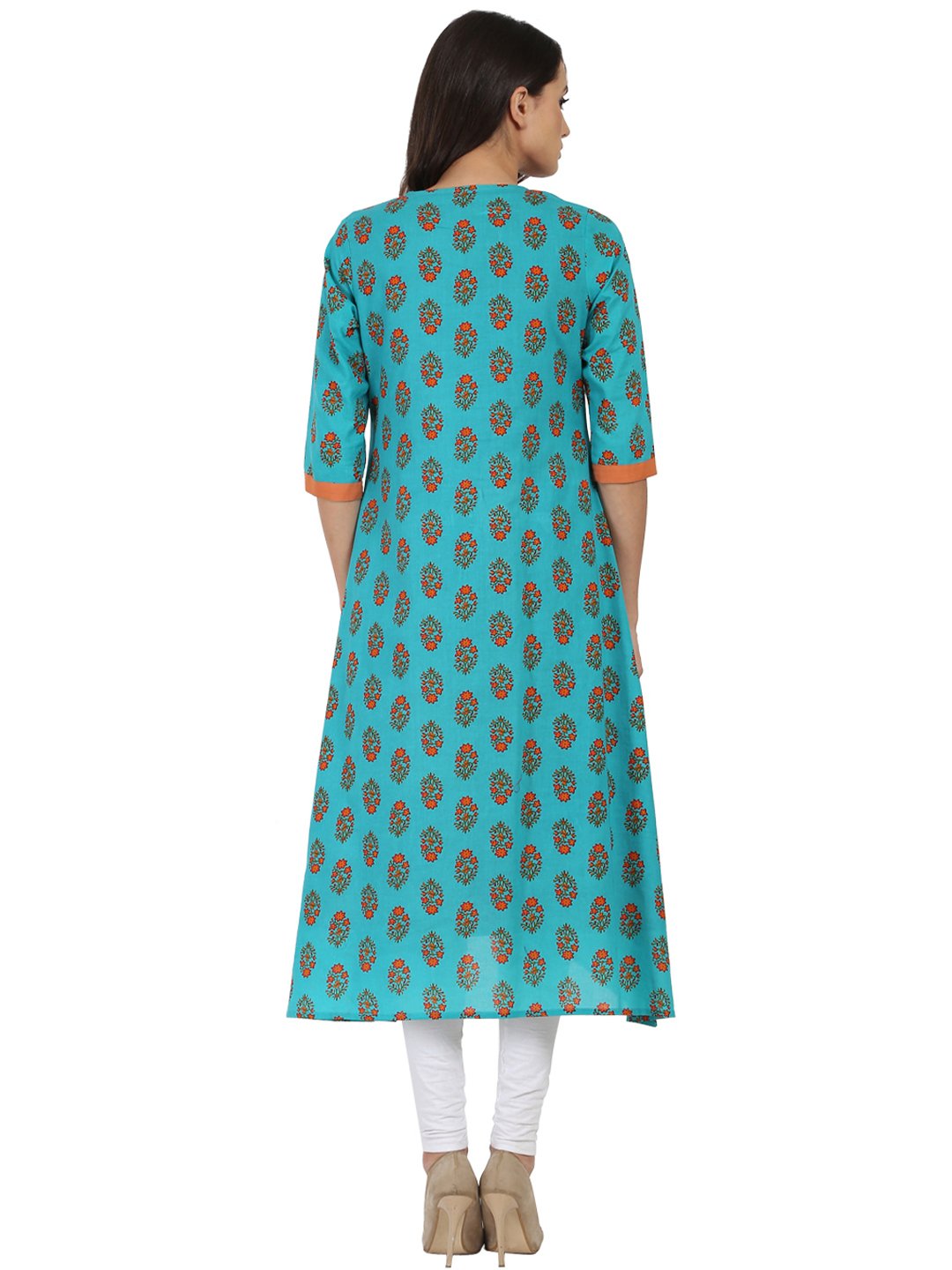 Blue Printed 3/4Th Sleeve Cotton Double Layer A-Line Kurta | LASVINI - Redefining Indian Fashion with Elegance
