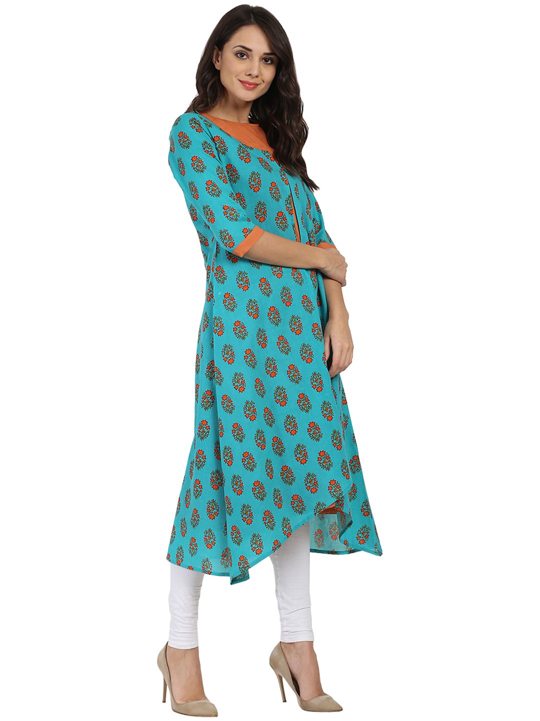 Blue Printed 3/4Th Sleeve Cotton Double Layer A-Line Kurta | LASVINI - Redefining Indian Fashion with Elegance
