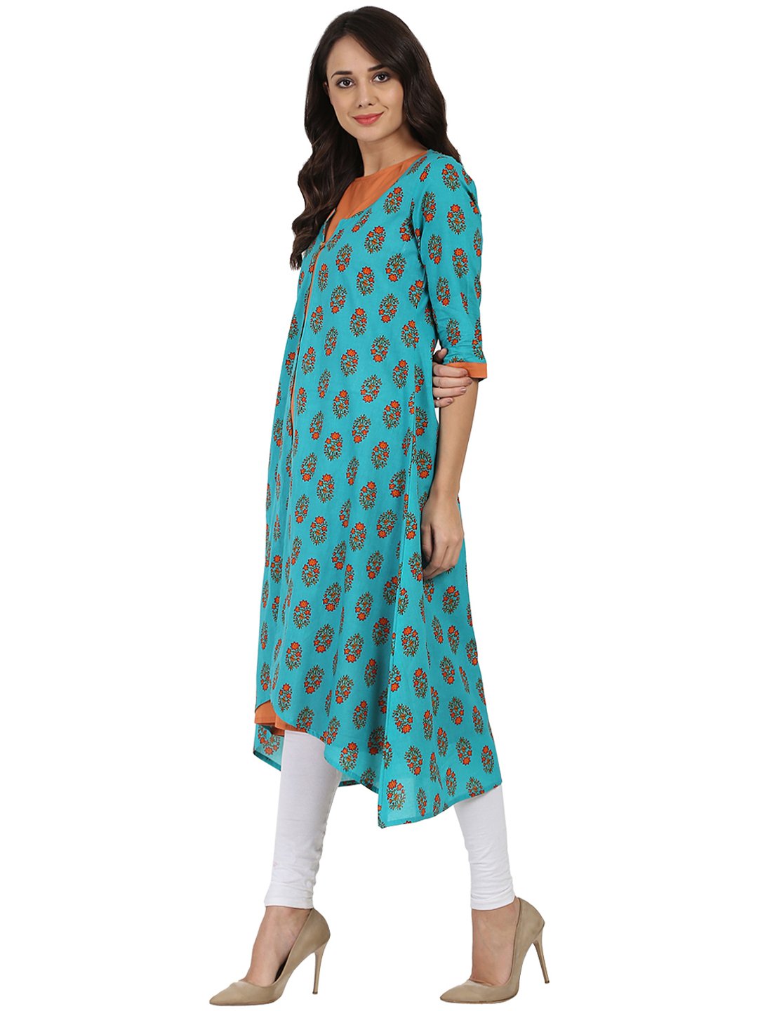 Blue Printed 3/4Th Sleeve Cotton Double Layer A-Line Kurta | LASVINI - Redefining Indian Fashion with Elegance