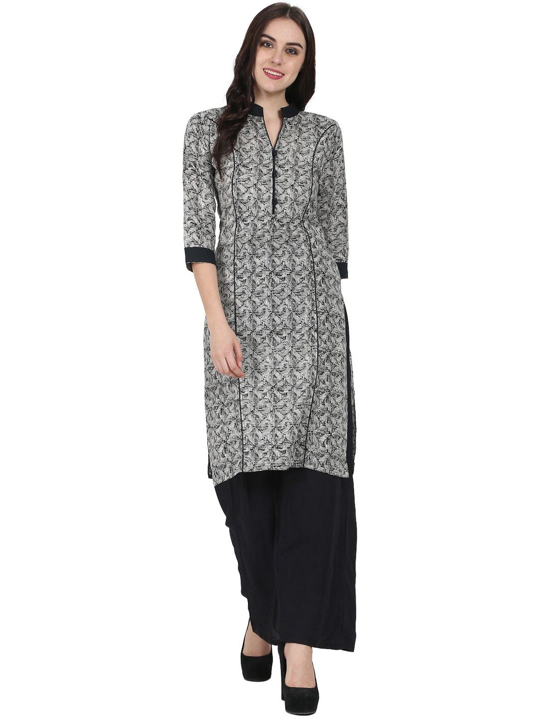 Grey Printed 3/4Th Sleeve Cotton Kurta | LASVINI - Redefining Indian Fashion with Elegance
