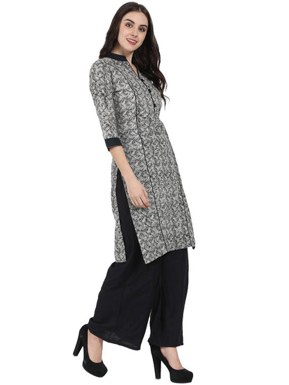 Grey Printed 3/4Th Sleeve Cotton Kurta | LASVINI - Redefining Indian Fashion with Elegance