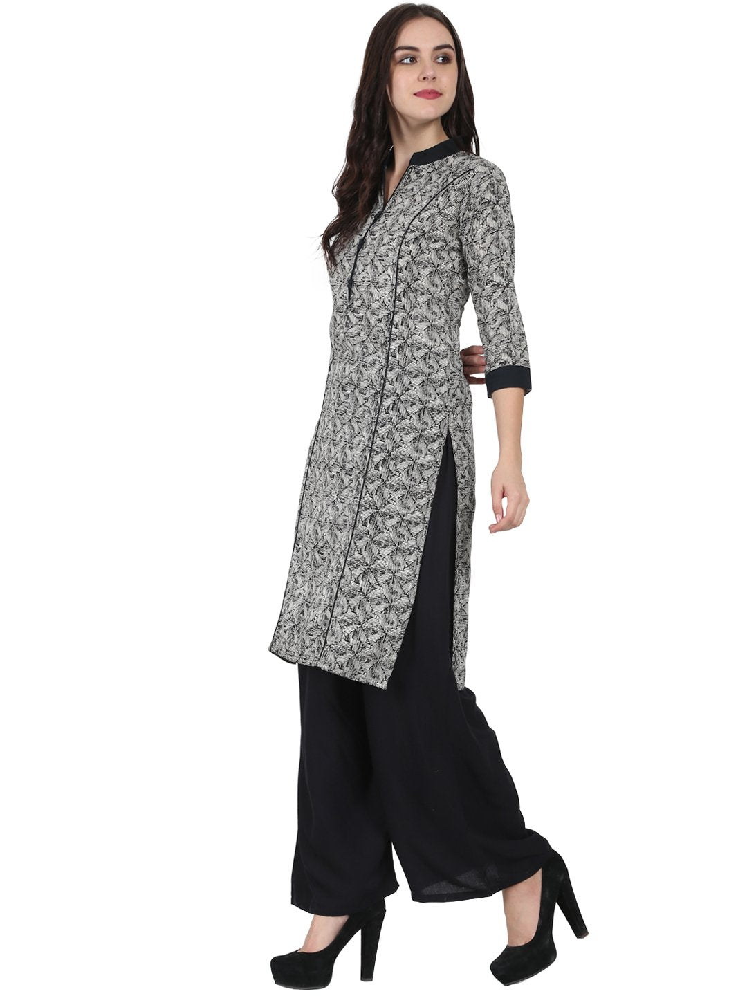 Grey Printed 3/4Th Sleeve Cotton Kurta | LASVINI - Redefining Indian Fashion with Elegance