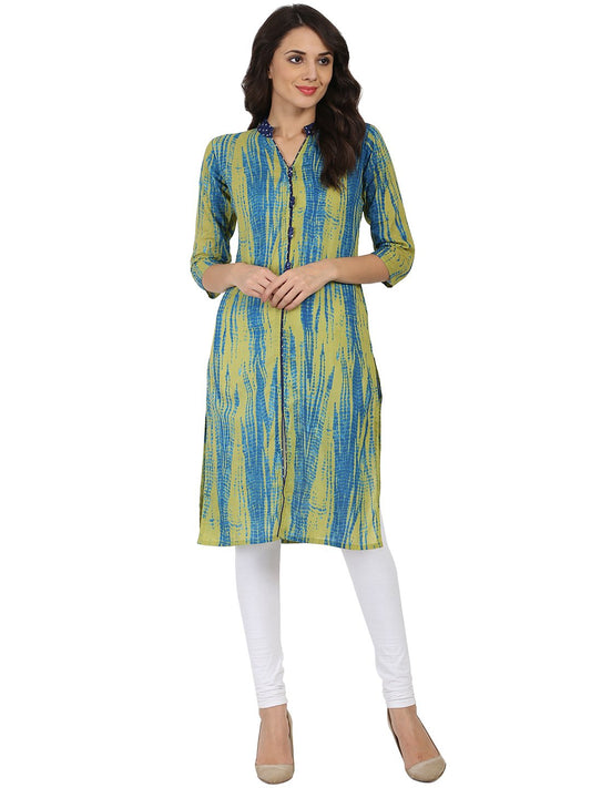 Green Printed 3/4Th Sleeve Cotton Kurta | LASVINI - Redefining Indian Fashion with Elegance