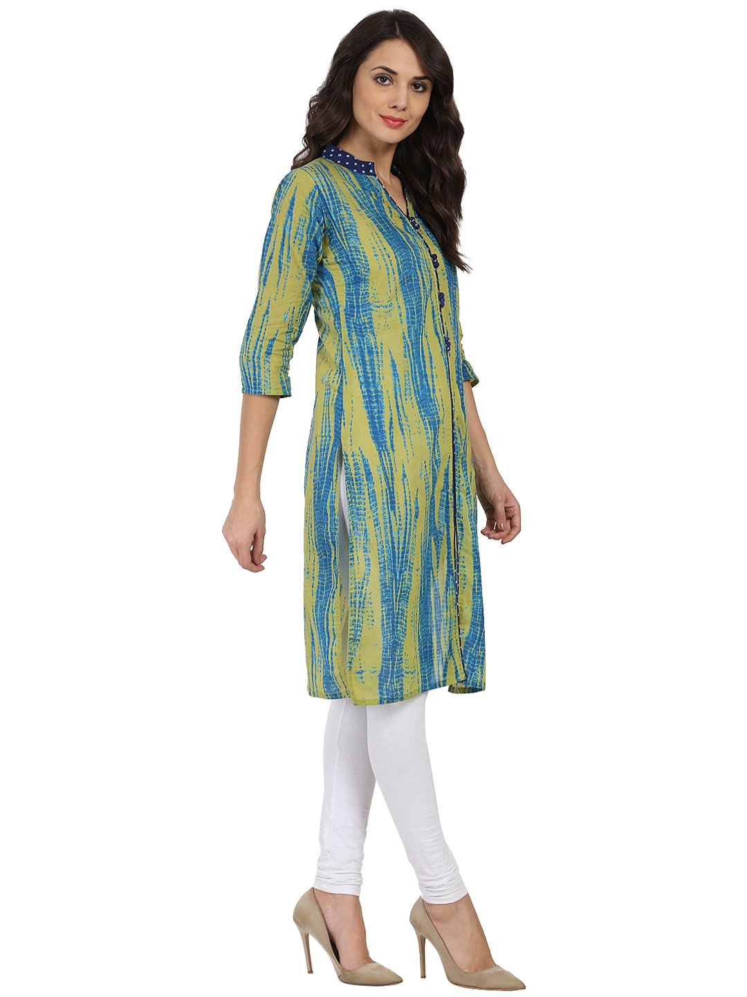 Green Printed 3/4Th Sleeve Cotton Kurta | LASVINI - Redefining Indian Fashion with Elegance