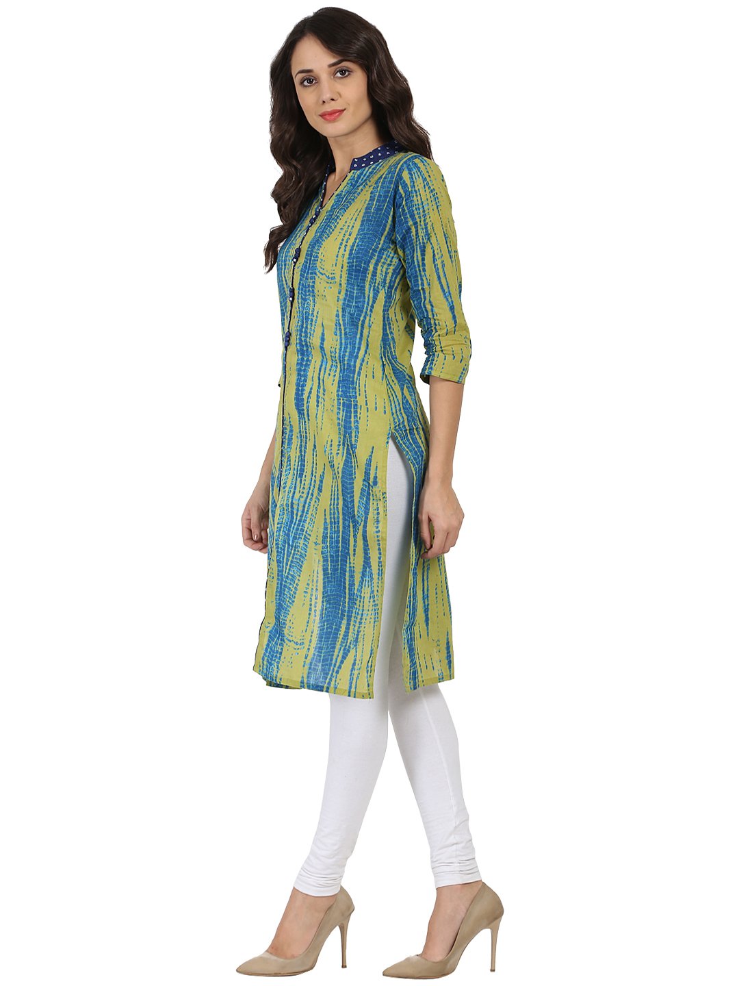 Green Printed 3/4Th Sleeve Cotton Kurta | LASVINI - Redefining Indian Fashion with Elegance