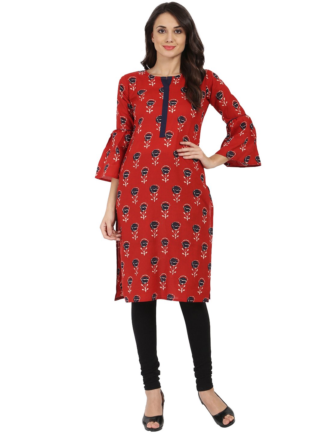 Red Printed 3/4Th Flared Sleeve Cotton Kurta | LASVINI - Redefining Indian Fashion with Elegance
