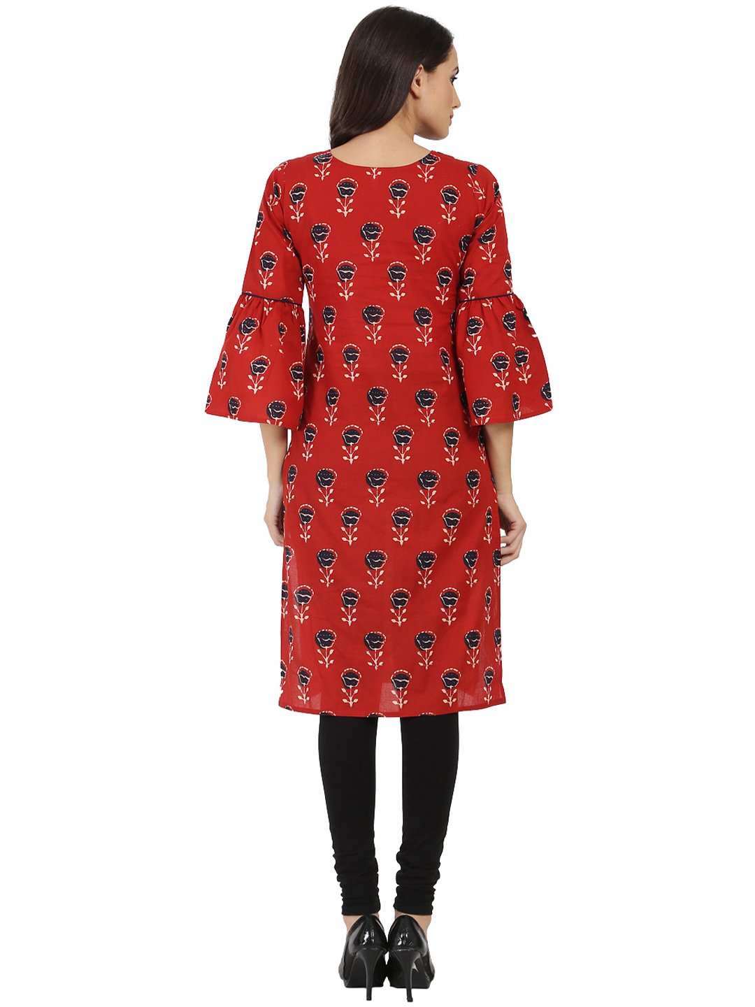 Red Printed 3/4Th Flared Sleeve Cotton Kurta | LASVINI - Redefining Indian Fashion with Elegance