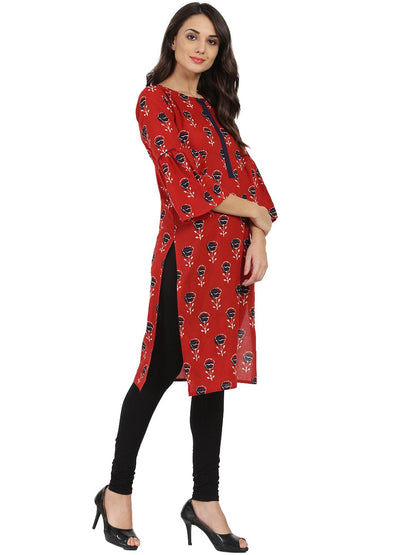 Red Printed 3/4Th Flared Sleeve Cotton Kurta | LASVINI - Redefining Indian Fashion with Elegance
