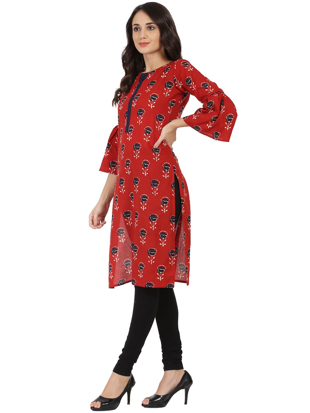 Red Printed 3/4Th Flared Sleeve Cotton Kurta | LASVINI - Redefining Indian Fashion with Elegance