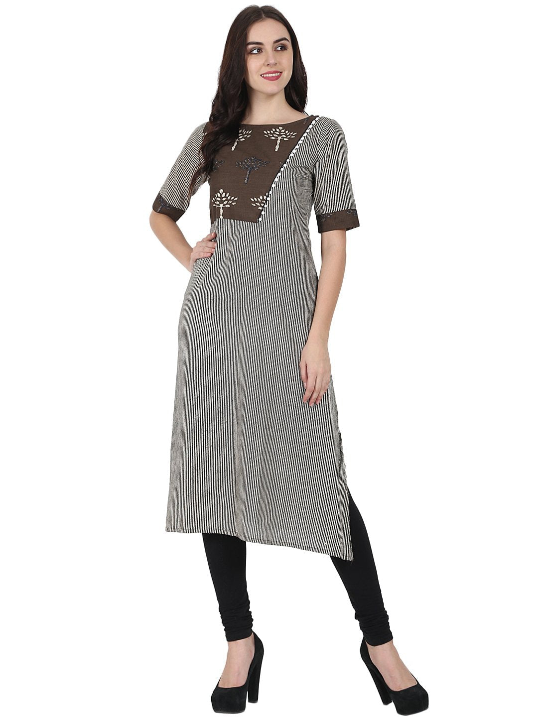 Brown Printed Half Sleeve Cotton A-Line Kurta With Yoke Design | LASVINI - Redefining Indian Fashion with Elegance