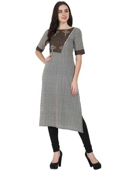 Brown Printed Half Sleeve Cotton A-Line Kurta With Yoke Design | LASVINI - Redefining Indian Fashion with Elegance