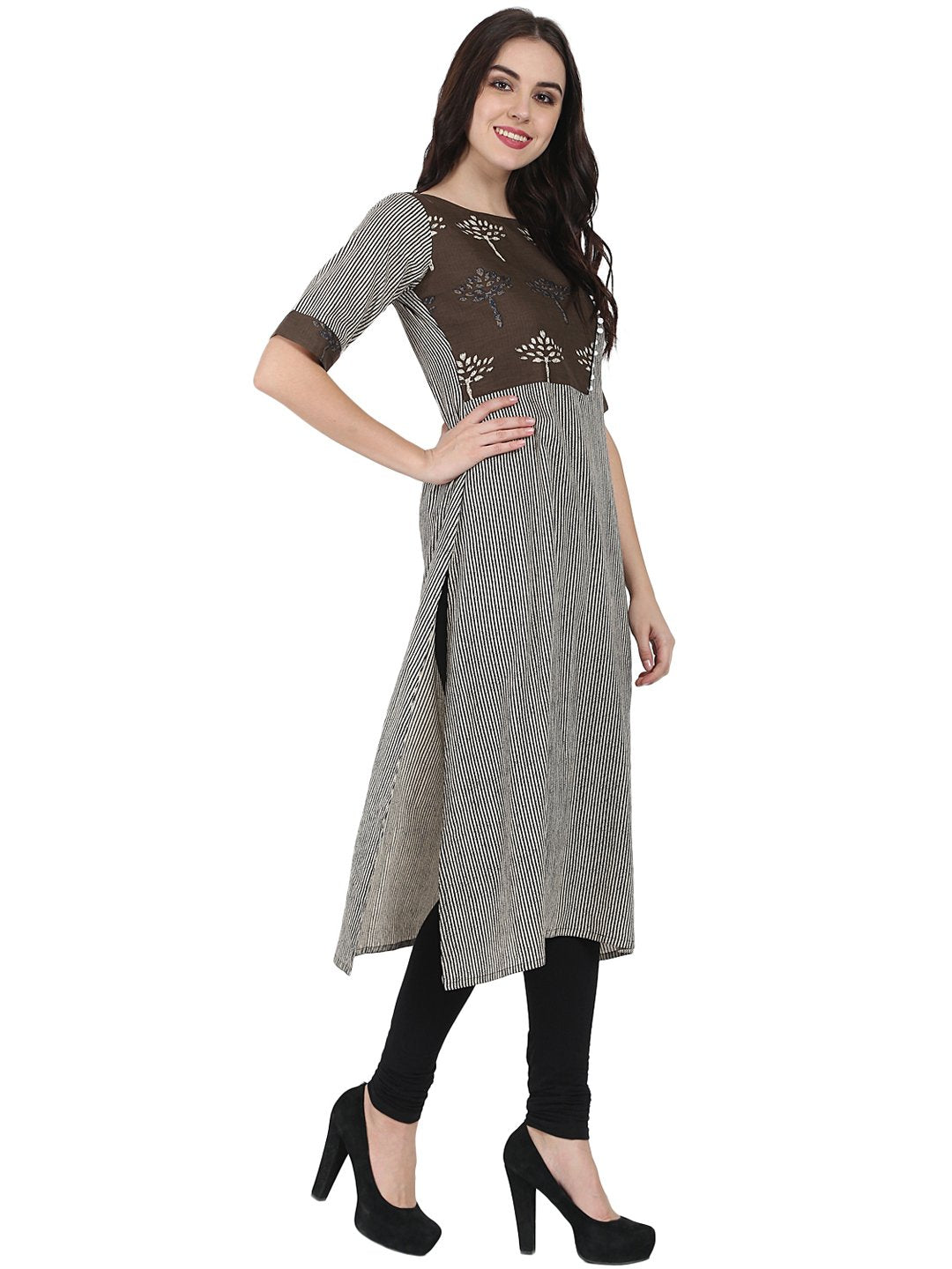 Brown Printed Half Sleeve Cotton A-Line Kurta With Yoke Design | LASVINI - Redefining Indian Fashion with Elegance