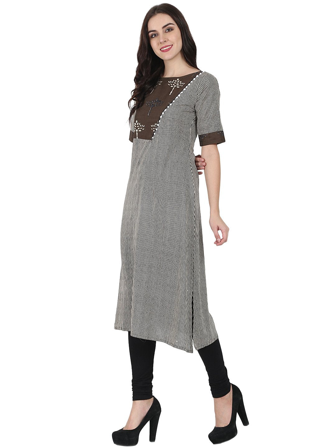 Brown Printed Half Sleeve Cotton A-Line Kurta With Yoke Design | LASVINI - Redefining Indian Fashion with Elegance