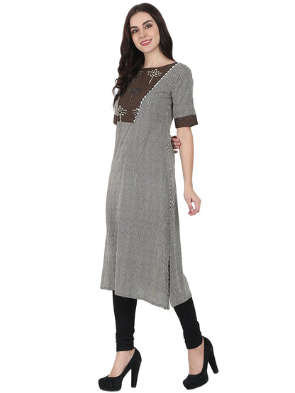 Brown Printed Half Sleeve Cotton A-Line Kurta With Yoke Design | LASVINI - Redefining Indian Fashion with Elegance