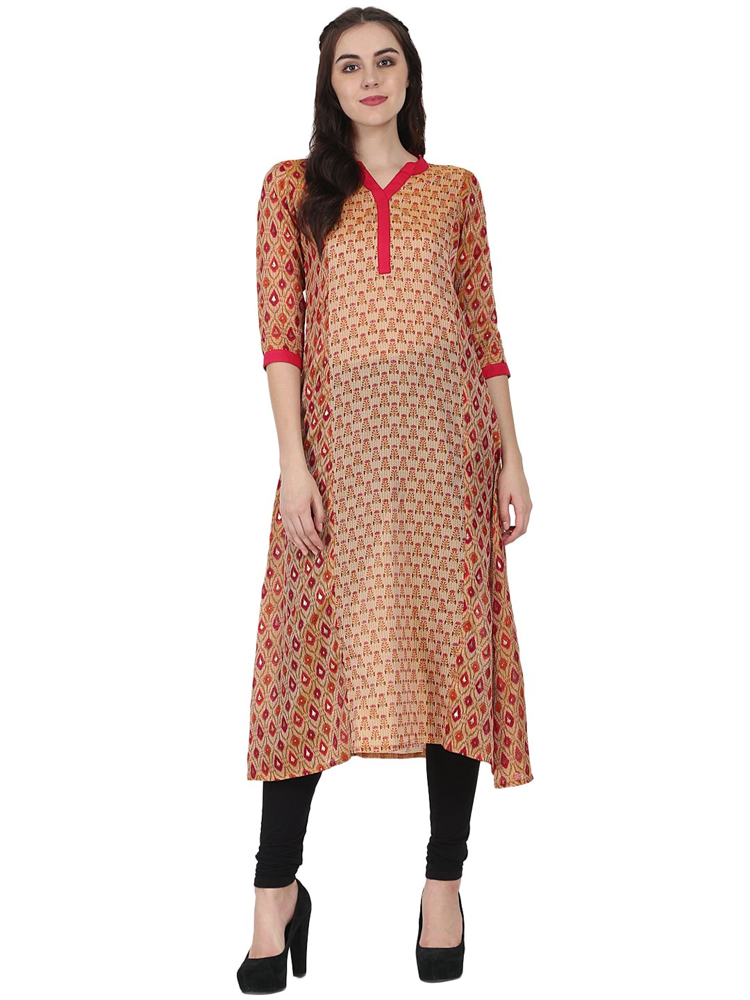 Gold Printed 3/4Th Sleeve Chandri A-Line Kurta | LASVINI - Redefining Indian Fashion with Elegance