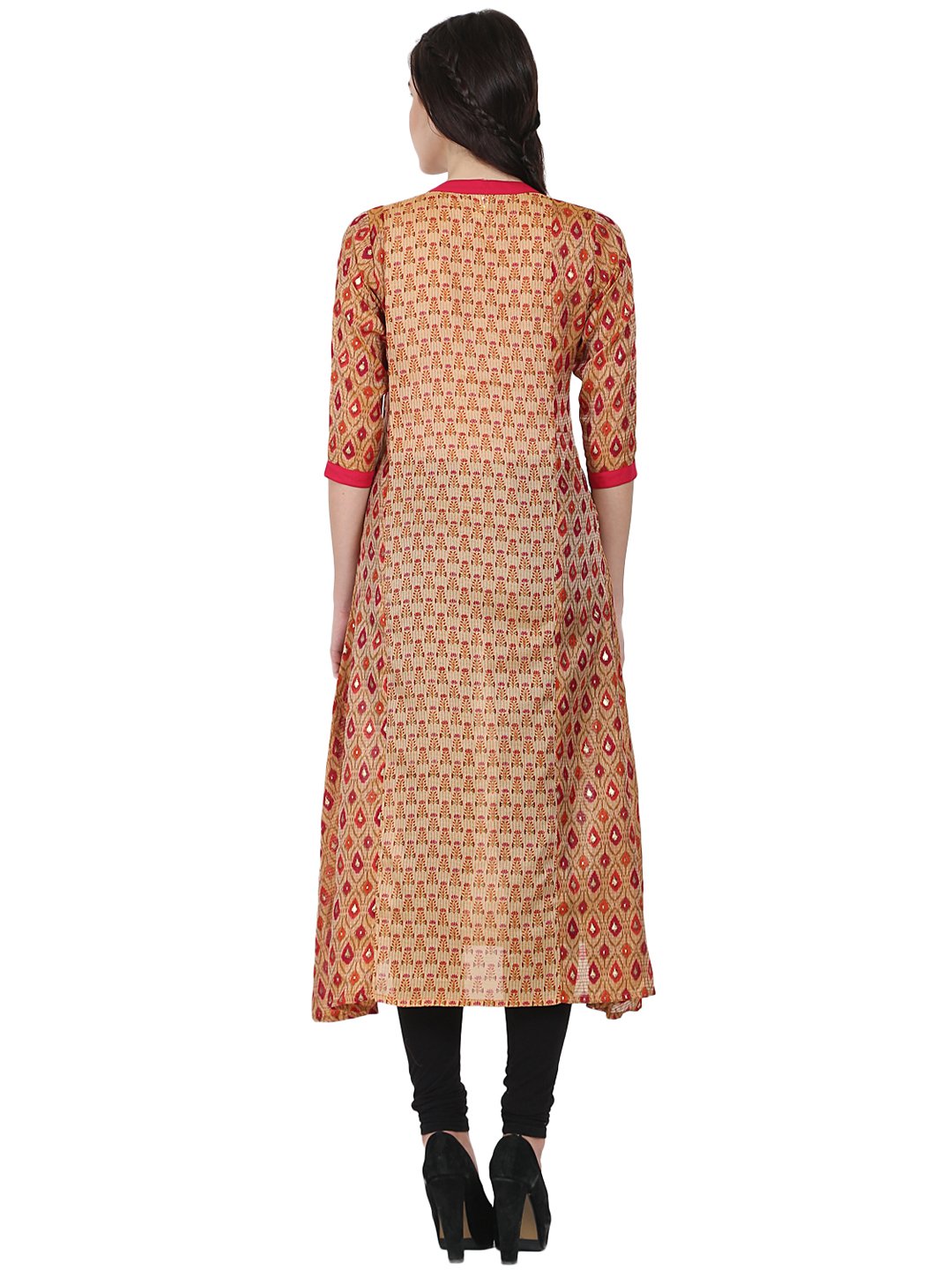 Gold Printed 3/4Th Sleeve Chandri A-Line Kurta | LASVINI - Redefining Indian Fashion with Elegance