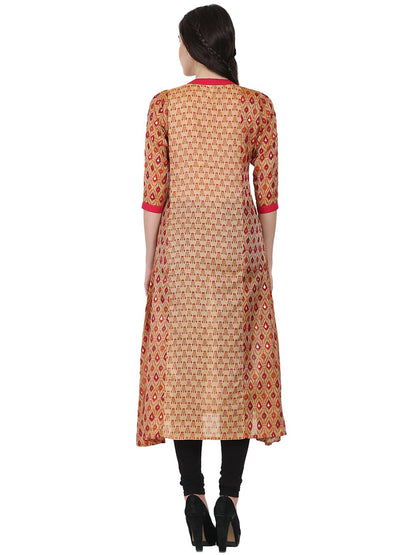 Gold Printed 3/4Th Sleeve Chandri A-Line Kurta | LASVINI - Redefining Indian Fashion with Elegance