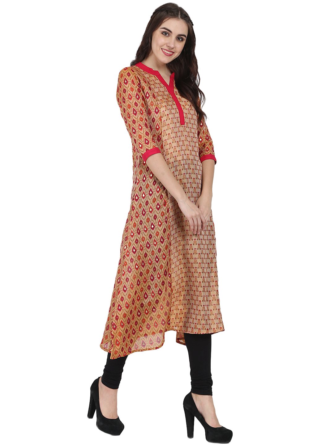 Gold Printed 3/4Th Sleeve Chandri A-Line Kurta | LASVINI - Redefining Indian Fashion with Elegance