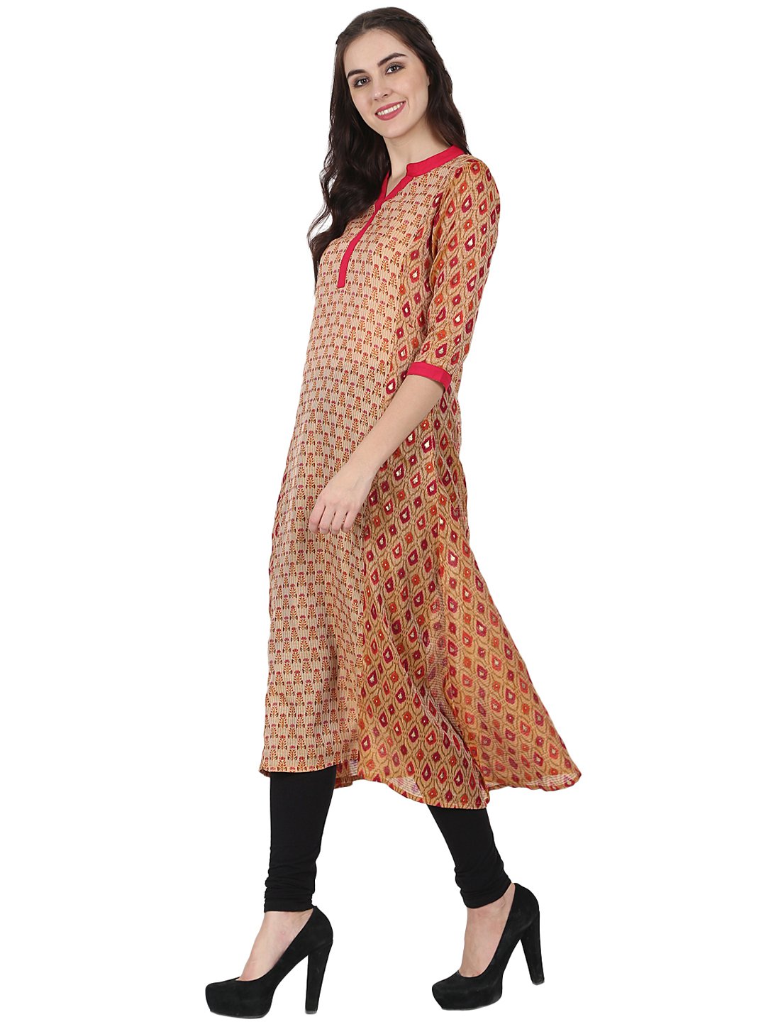 Gold Printed 3/4Th Sleeve Chandri A-Line Kurta | LASVINI - Redefining Indian Fashion with Elegance