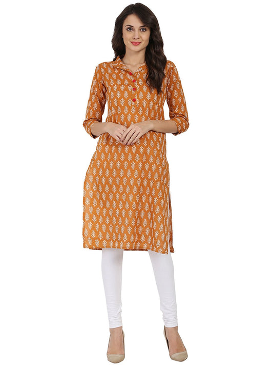 Mustard Printed 3/4Th Sleeve Cotton Kurta With Button Work At Yoke | LASVINI - Redefining Indian Fashion with Elegance