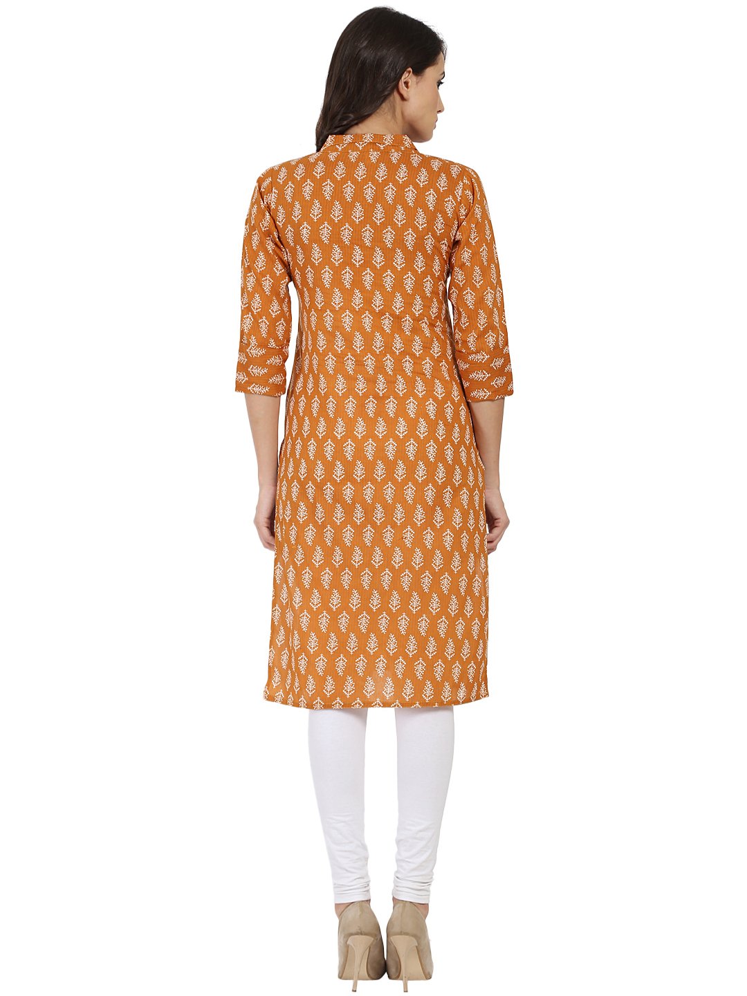 Mustard Printed 3/4Th Sleeve Cotton Kurta With Button Work At Yoke | LASVINI - Redefining Indian Fashion with Elegance