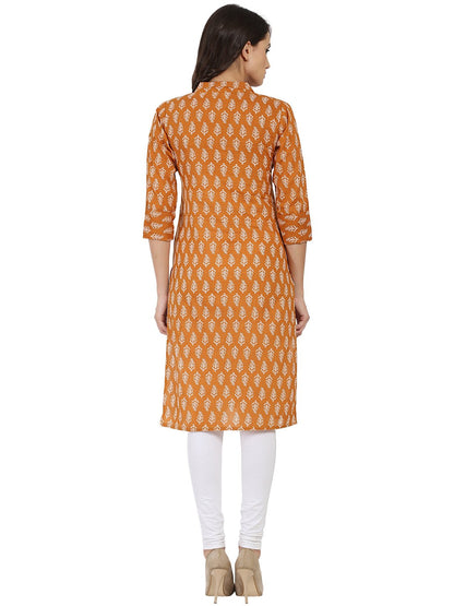 Mustard Printed 3/4Th Sleeve Cotton Kurta With Button Work At Yoke | LASVINI - Redefining Indian Fashion with Elegance
