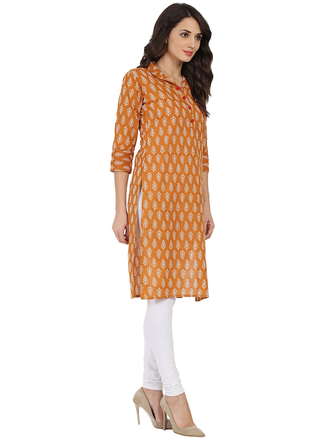 Mustard Printed 3/4Th Sleeve Cotton Kurta With Button Work At Yoke | LASVINI - Redefining Indian Fashion with Elegance
