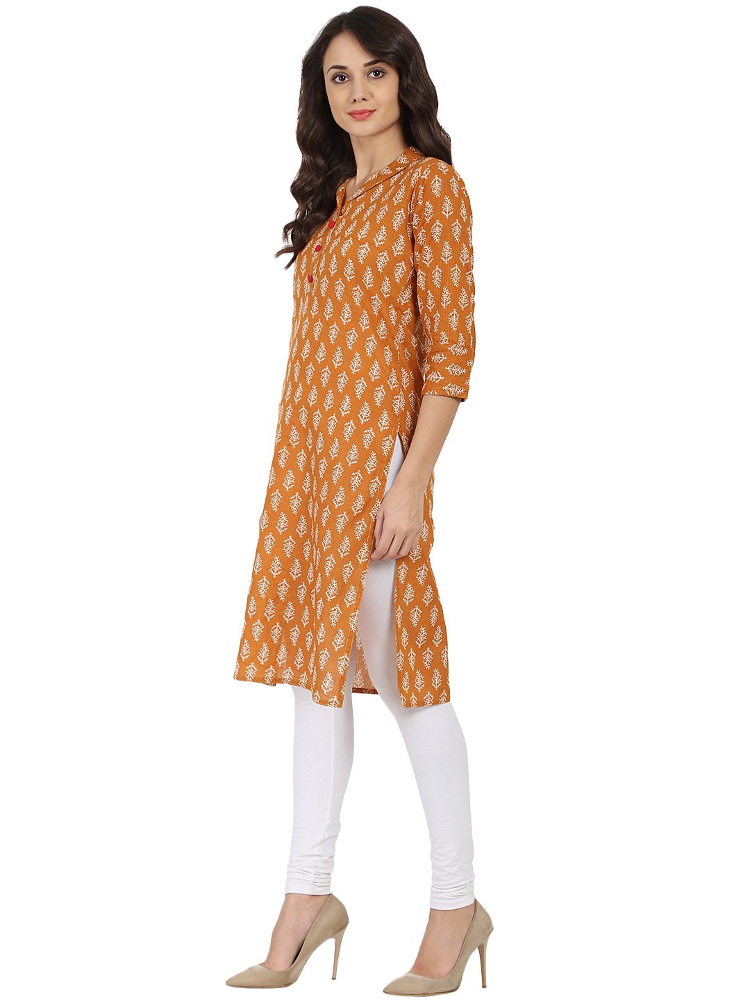 Mustard Printed 3/4Th Sleeve Cotton Kurta With Button Work At Yoke | LASVINI - Redefining Indian Fashion with Elegance