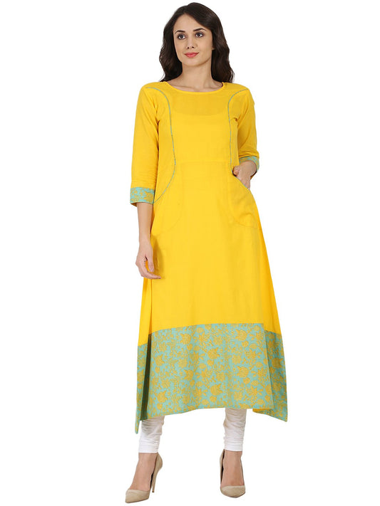 Yellow Printed 3/4Th Sleeve Cotton A-Line Kurta | LASVINI - Redefining Indian Fashion with Elegance