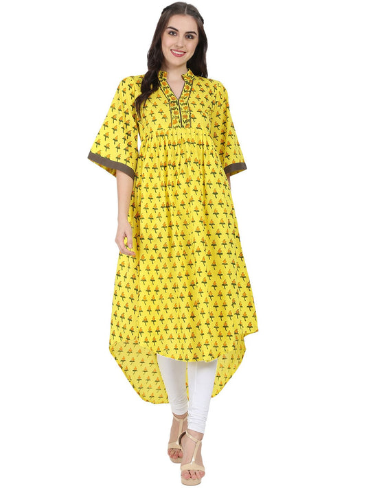 Yellow Printed Half Sleeve Cotton Anarkali Kurta | LASVINI - Redefining Indian Fashion with Elegance