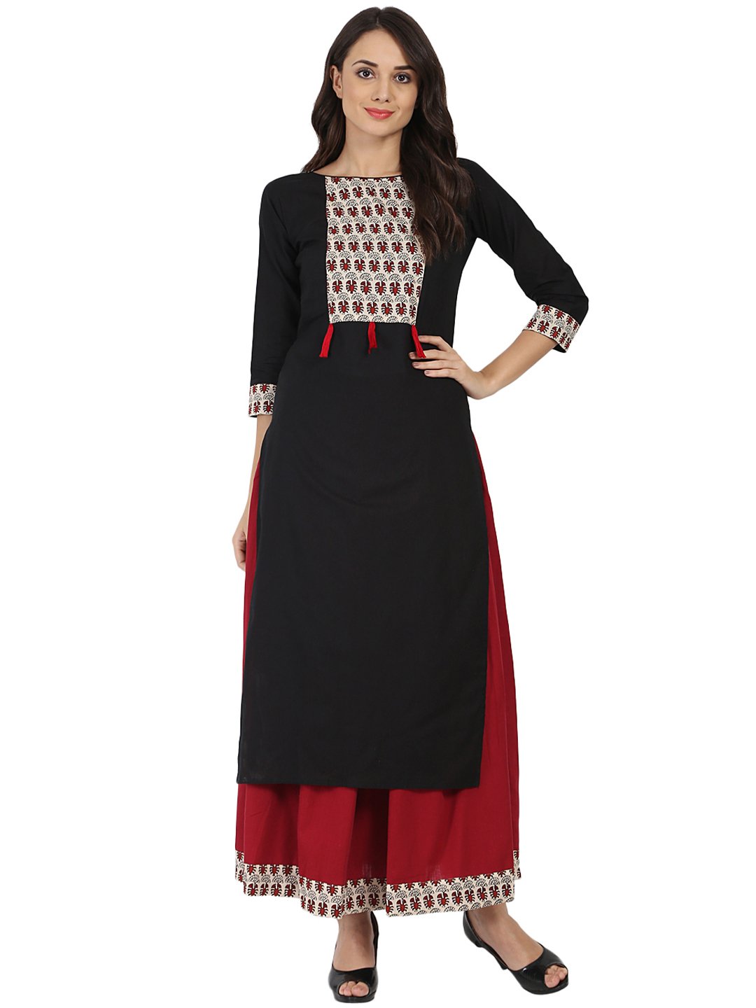 Black 3/4Th Sleeve Cotton Kurta With Maroon Flared Skirt | LASVINI - Redefining Indian Fashion with Elegance