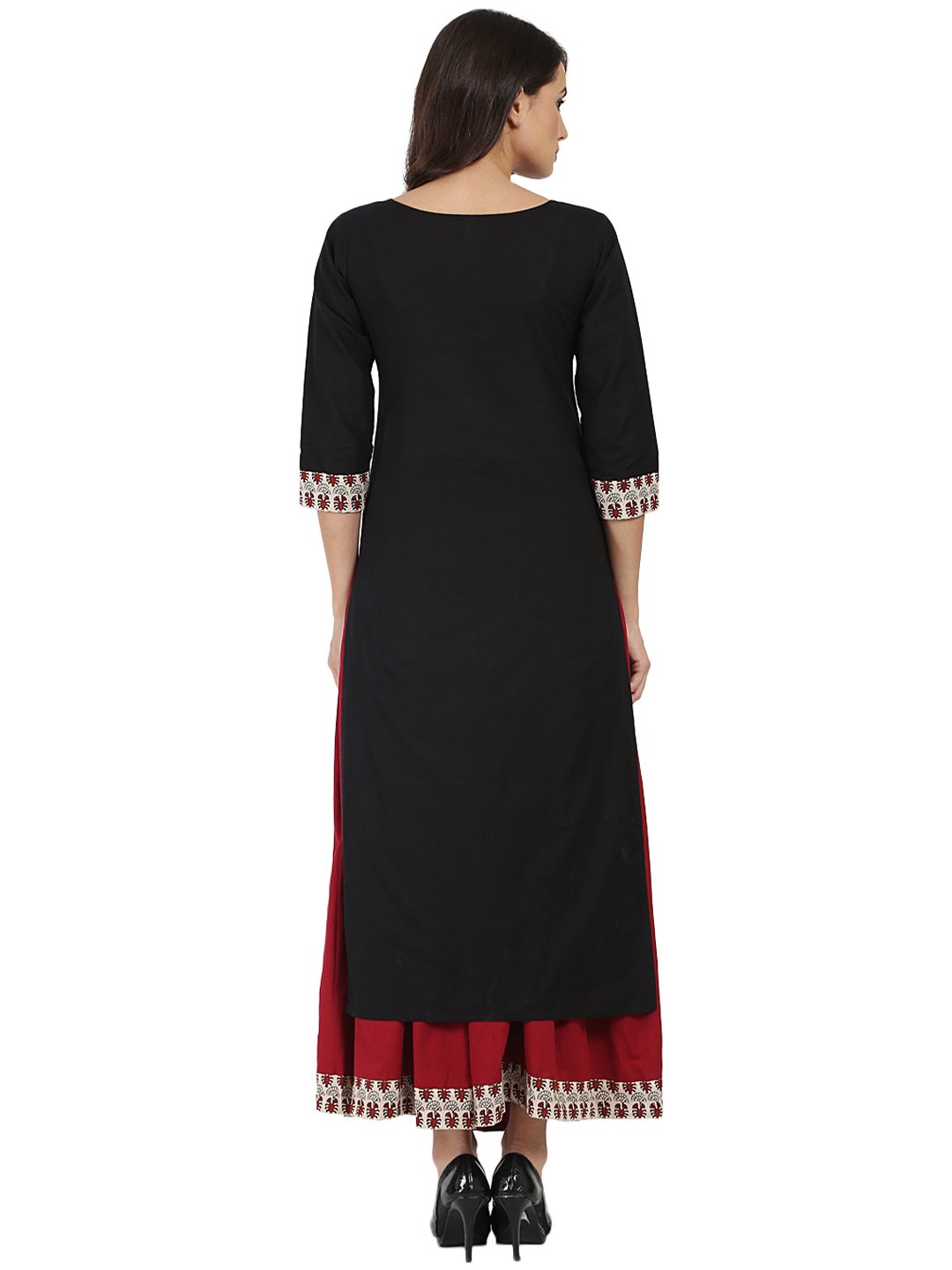 Black 3/4Th Sleeve Cotton Kurta With Maroon Flared Skirt | LASVINI - Redefining Indian Fashion with Elegance