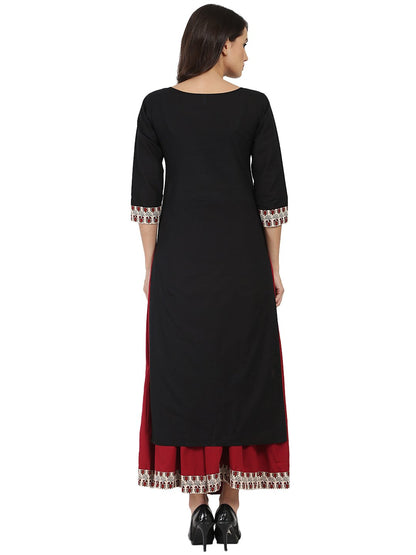 Black 3/4Th Sleeve Cotton Kurta With Maroon Flared Skirt | LASVINI - Redefining Indian Fashion with Elegance
