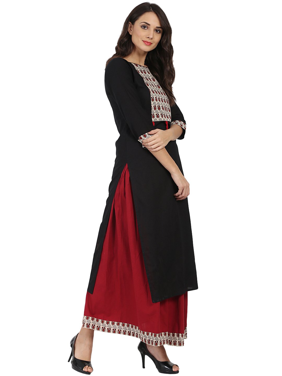 Black 3/4Th Sleeve Cotton Kurta With Maroon Flared Skirt | LASVINI - Redefining Indian Fashion with Elegance