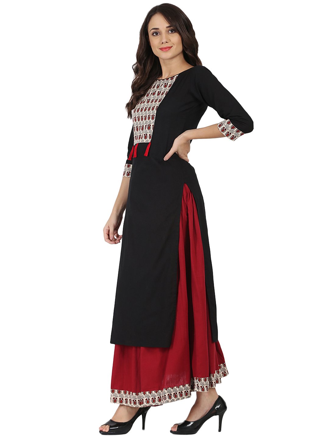 Black 3/4Th Sleeve Cotton Kurta With Maroon Flared Skirt | LASVINI - Redefining Indian Fashion with Elegance