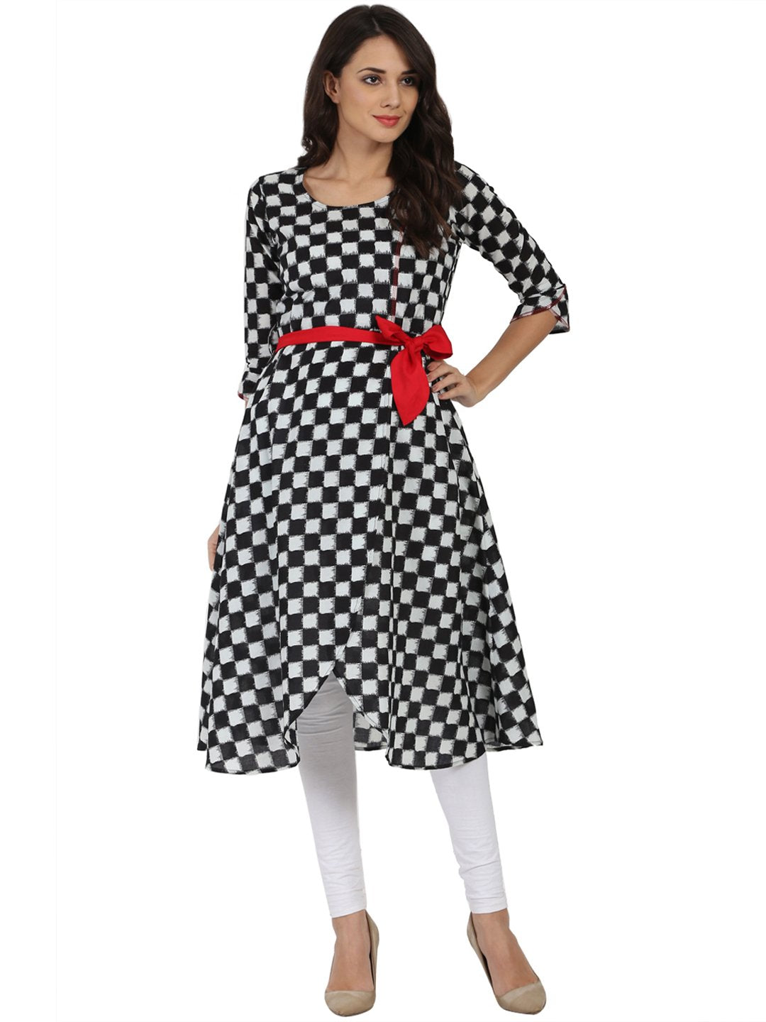 Black Printed 3/4Th Sleeve Cotton A-Line Kurta | LASVINI - Redefining Indian Fashion with Elegance