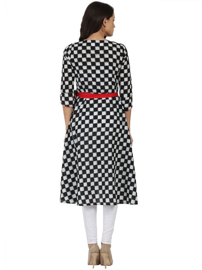 Black Printed 3/4Th Sleeve Cotton A-Line Kurta | LASVINI - Redefining Indian Fashion with Elegance