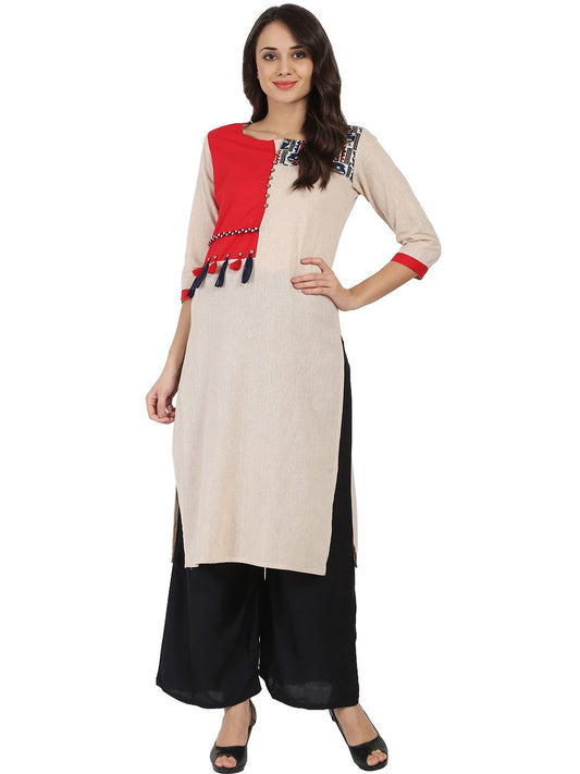 Off White 3/4Th Sleeve South Cotton Chemary Straight Kurta With Designed Yoke | LASVINI - Redefining Indian Fashion with Elegance