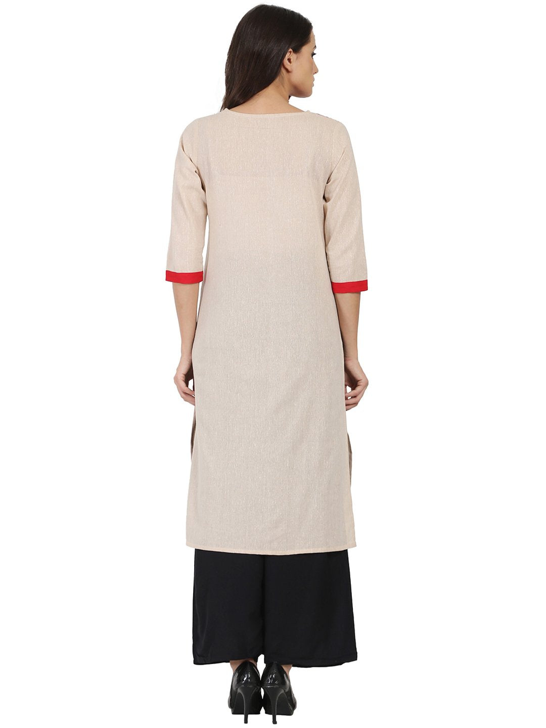 Off White 3/4Th Sleeve South Cotton Chemary Straight Kurta With Designed Yoke | LASVINI - Redefining Indian Fashion with Elegance