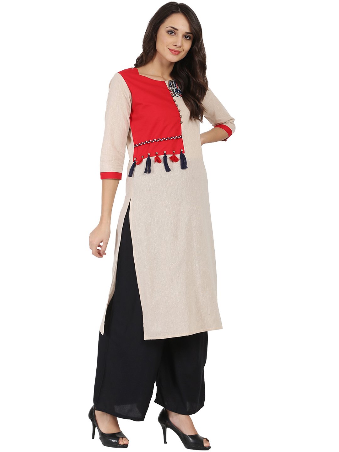 Off White 3/4Th Sleeve South Cotton Chemary Straight Kurta With Designed Yoke | LASVINI - Redefining Indian Fashion with Elegance
